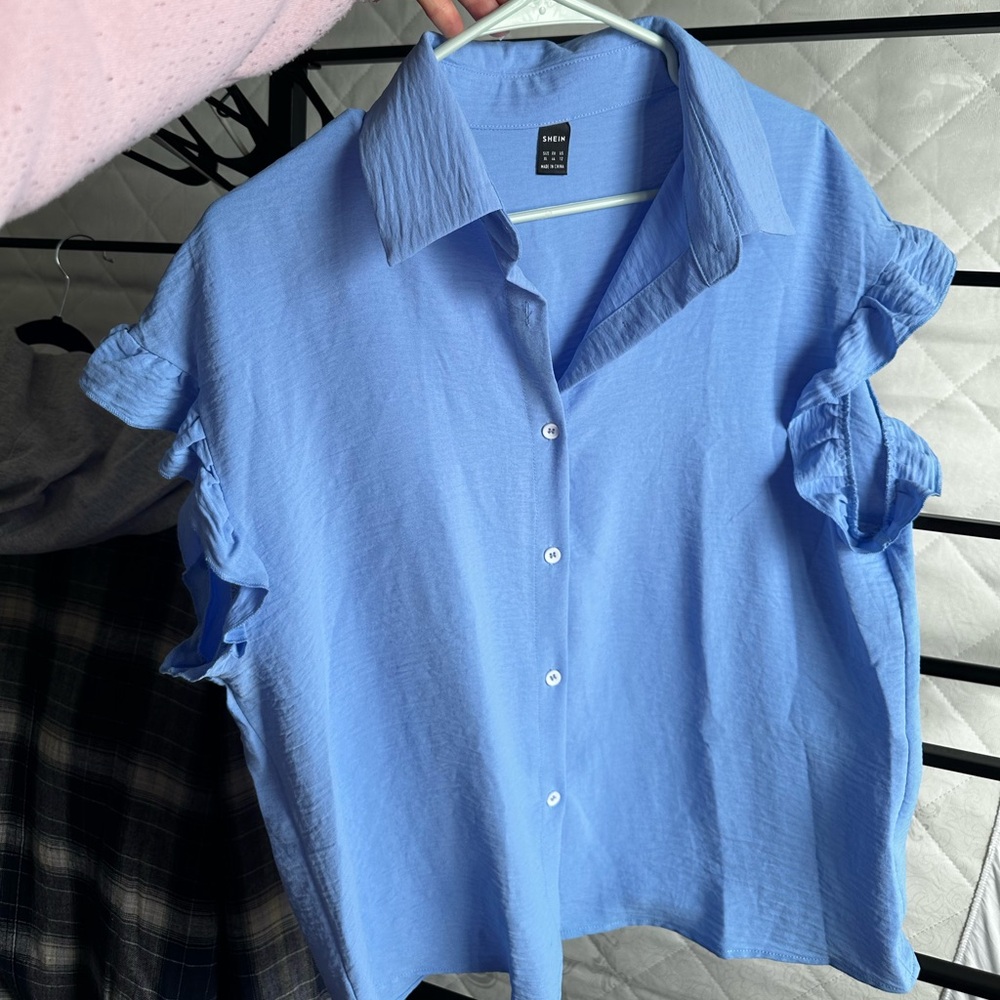 SHEIN Light Blue Ruffled Button Down Shirt
